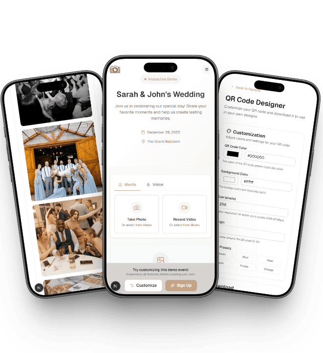 WeddingSnap mobile experience - guests can easily upload photos, view the gallery, and customize QR codes